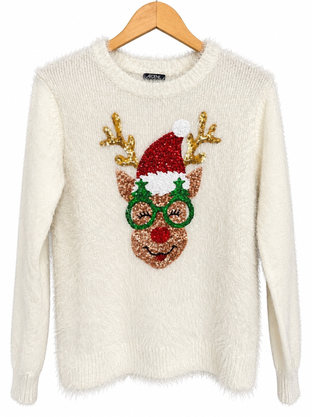 Lisa international Cream Fuzzy Sequin Reindeer Sweater with Red Hat